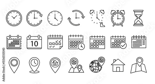 Collection of calendar, clock, and location icons for planning and scheduling