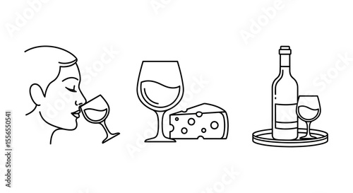 Modern line art icons capturing wine culture and enjoyment, illustrating a person tasting a glass, a classic pairing with cheese, and a bottle with a glass on a serving tray