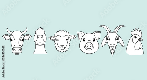 Farm Animal Heads Line Art Illustration Cow, Sheep, Pig, Goat, Rooster