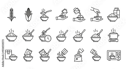 Cooking Process Illustrated Icons of Rice Preparation, from Raw to Cooked, in Simple Steps