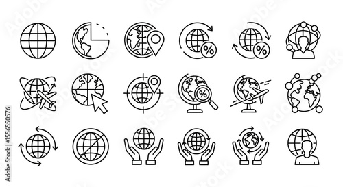 Global icons and symbols representing earth, travel, communication, and connectivity