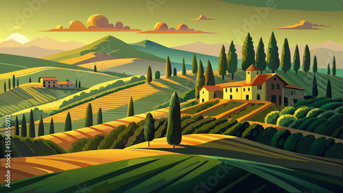 Rolling hills of green and gold are lined with tall cypress trees and vineyards. Rustic villas rest under the warm glow of the setting sun.