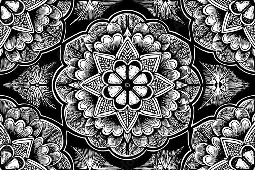Complex mandala pattern with radiating floral and geometric motifs, a black and white sketch vector hand drawn