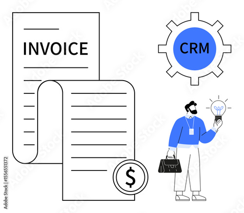Invoice papers with dollar sign, CRM gear icon, professional holding briefcase and glowing light bulb. Ideal for business operations, finance, CRM integration, idea generation, entrepreneurship