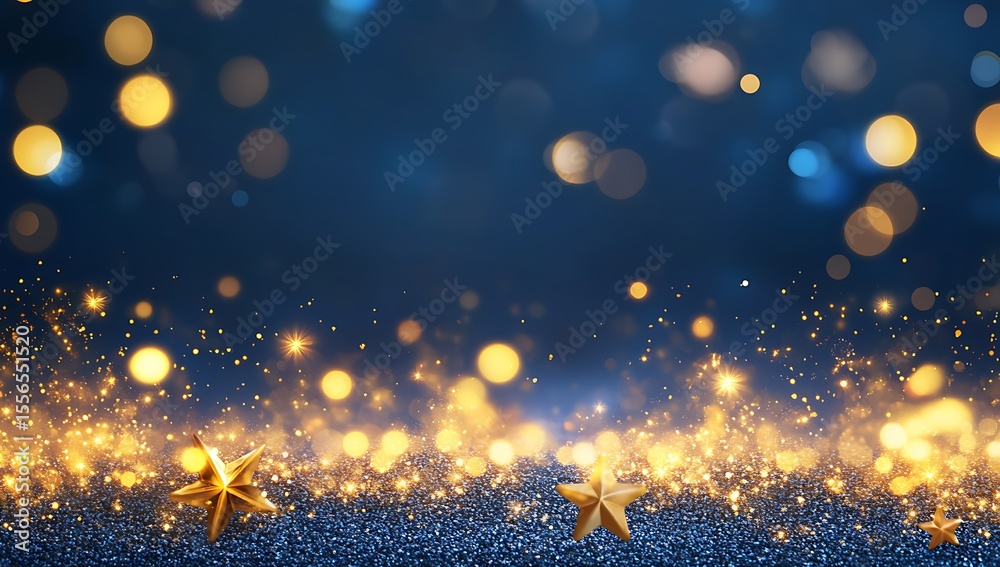 Naklejka premium Golden Stars and Bokeh Lights on Dark Blue Glitter Background Ai sparkle