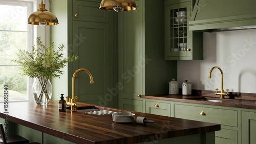 Olive green kitchen cabinetry with wood countertops, brass fixtures