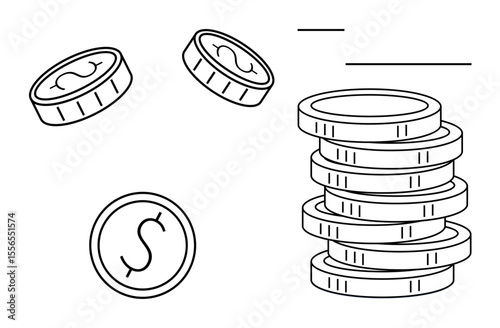 Stack of coins and falling coins sketch with minimalist lines. Ideal for finance, banking, investment, savings, economy, wealth creation, and business topics. Simple flat metaphor