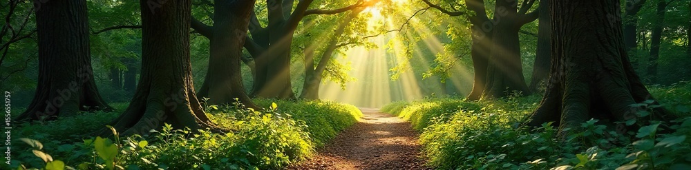 Obraz premium Sunlit Path Through Ancient Woods A Serene and Magical Forest Walk, dappled sunlight filtering through lush foliage, creating a deep sense of wilderness and tranquility.
