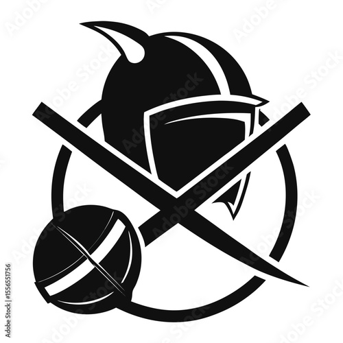 Symbol of protection depicting a helmet and crossed swords within a circular framework monochrome illustration