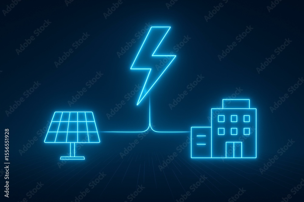 Fototapeta premium Futuristic Digital Energy Connection: Solar Panel to Urban Infrastructure in Neon Light