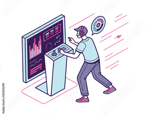 Young Man Interacting with Futuristic Data Visualization Interface