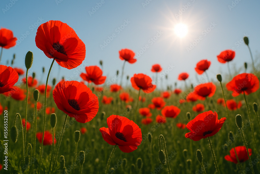 Fototapeta premium Horizontal naturalistic photography, red poppies blooming in a field under blue sky and sun