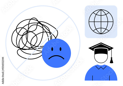 Sad face beside a scribbled jumble crossed out, a globe, and a graduate cap representing clarity, learning, global connection, mental wellness, progress, achievement personal growth. A simple flat