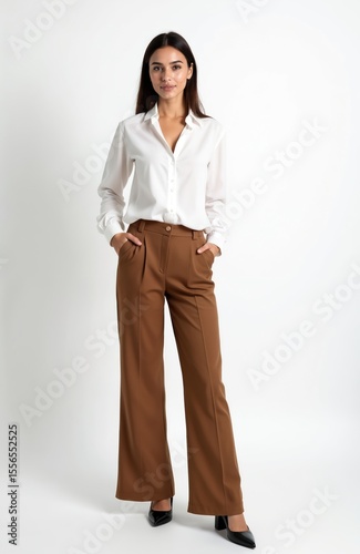 Elegant Brazilian businesswoman poses in studio with smart casual attire. Brunette lady wears white shirt and brown pants. Confident female executive embodies success in full body shot, smiling.