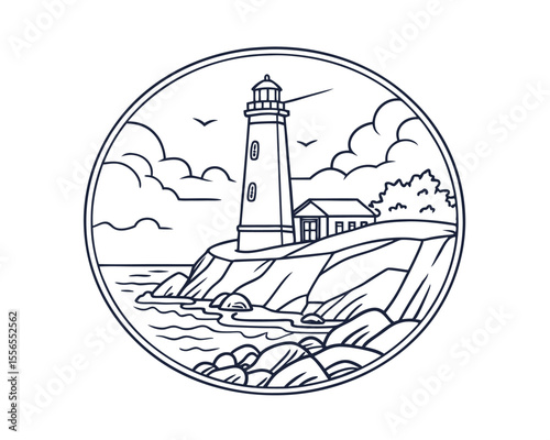 Lighthouse Coastal Scene Line Art Illustration Graphic