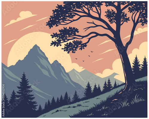 Majestic Mountain Landscape at Sunset with Silhouetted Trees