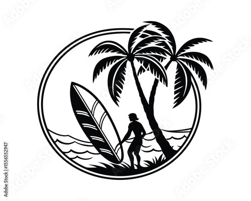 Surfer Silhouette with Palm Trees and Surfboard in Circular Design