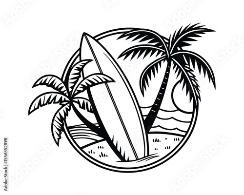 Surfboard Tropical Palm Trees Ocean Sunset Beach Summer Design