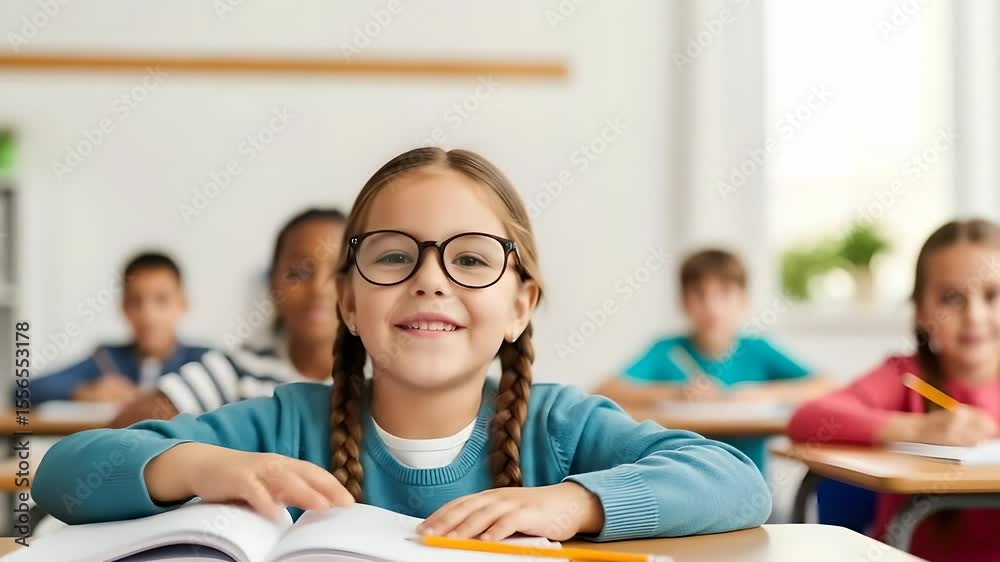 Schoolgirl raising hand in classroom with diverse classmates ...