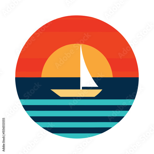 Retro sunset with a lone sailboat silhouette drifting on a calm colorful ocean