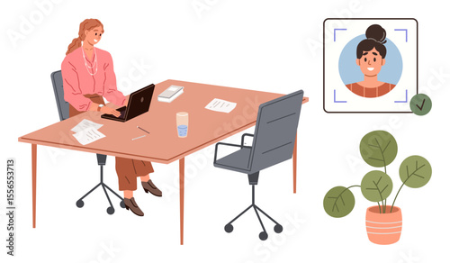 Woman working on a laptop at a tidy office desk, reviewing a digital employee profile. Ideal for remote work, HR, hiring, technology, office culture, identity verification, simple flat metaphor