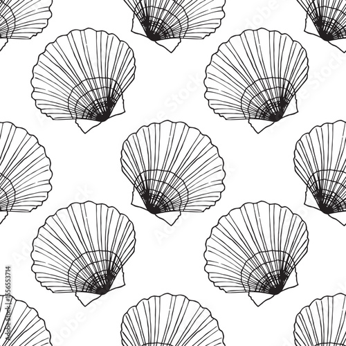 Seamless pattern of Seashells. Hand drawn illustration of sea Shell background. Ocean Cockleshell marine underwater. Sea bottom Abstract. Line drawing of Scallop. For print decoration, fabric wrapping