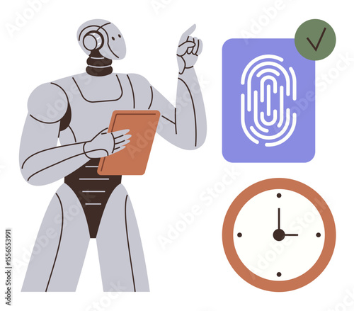 Humanoid robot holding tablet, pointing at digital fingerprint with checkmark approval and time clock. Ideal for technology, AI, innovation, security, biometric ID, automation, time management