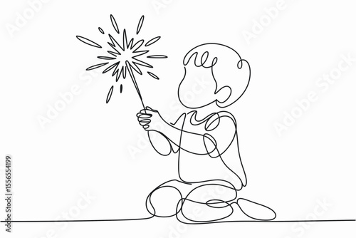 A continuous line drawing features a child holding a sparkler, capturing a moment of wonder and joy