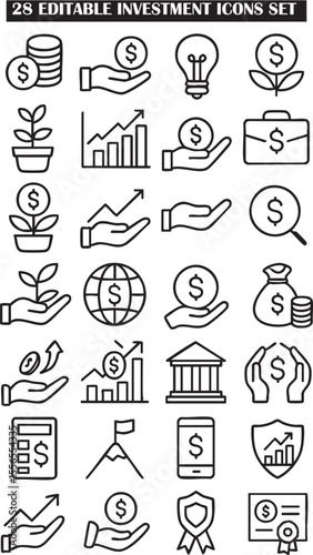 28 Editable Investment Icons Set Finance, Growth, and Banking Symbols for Business and Financial Applications.