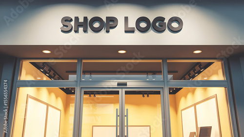 Exterior view of a shop entrance with glass doors and a sign that reads shop logo above the doors