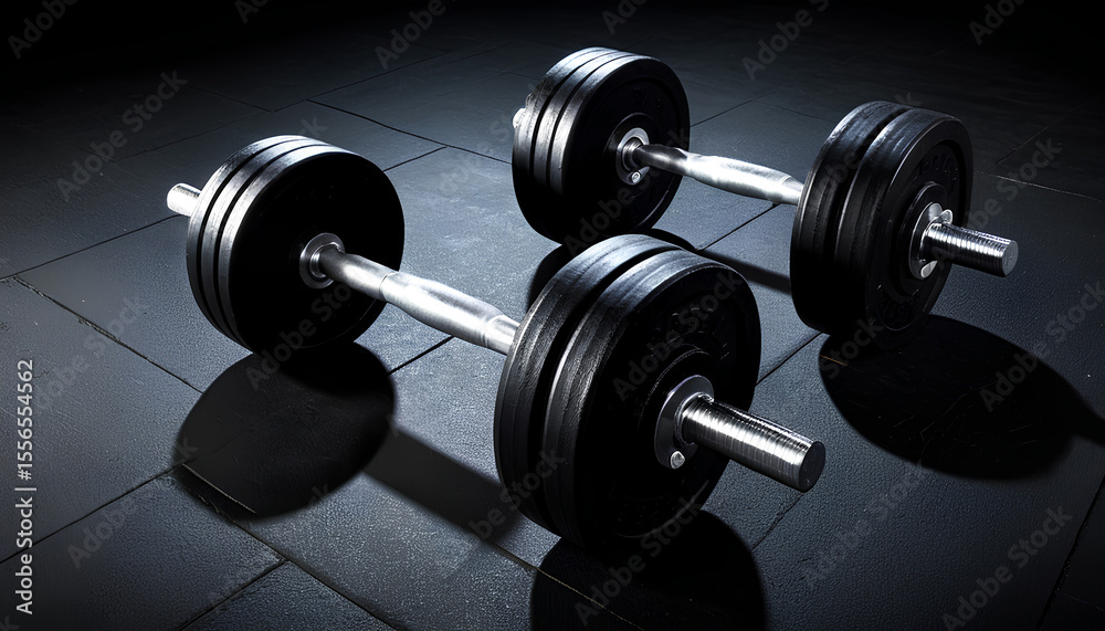 Naklejka premium Black Barbell Weights on Gym Floor Under Focused Lighting
