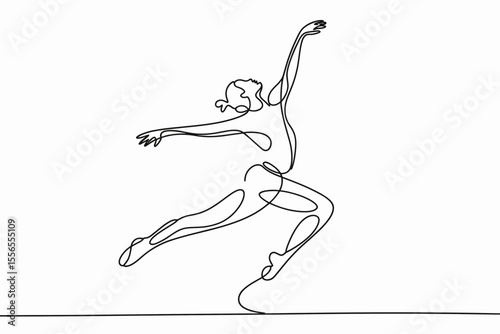 A continuous line drawing depicts a person in a dynamic dance pose with limbs extended gracefull