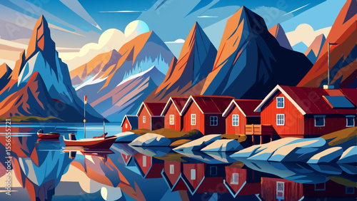 Jagged peaks rise above still fjords where red wooden cabins reflect in the glassy water. A soft mist adds mystery to the remote coastal charm.