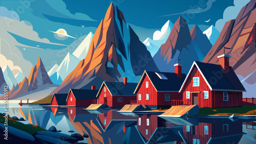 Jagged peaks rise above still fjords where red wooden cabins reflect in the glassy water. A soft mist adds mystery to the remote coastal charm.
