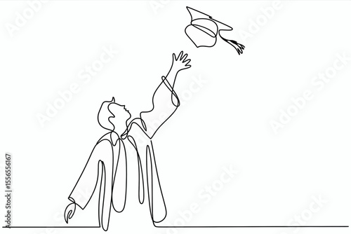 A continuous line drawing depicts a person in graduation attire joyfully throwing a cap into the air