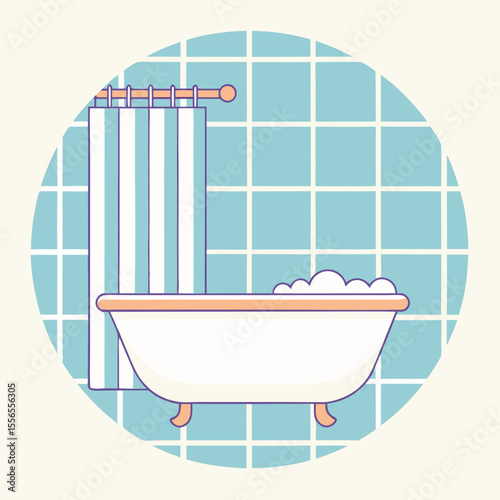 Bathtub with blue tile wall background icon