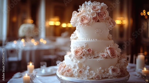 Luxurious Four Tier White Wedding Cake with Sugar Flowers in Grand Ballroom