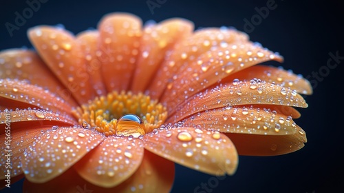 Raindrop rolling off orange flower petal with dew on dark background