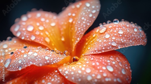 Raindrop rolling off orange flower petal with dew on dark background