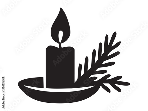 Black silhouette of christmas candle with flame and pine branch in dish, isolated on white background, graphic illustration. concept of icon, logo, festive decor, holiday season design element