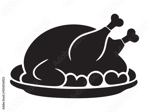 Black silhouette of roasted turkey on a platter with garnishes, isolated on white background, graphic illustration. concept of food, thanksgiving, festive meal, icon, logo, design element
