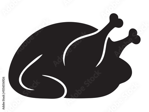 Black silhouette of a cooked whole chicken isolated on white background, graphic illustration. concept of food, poultry, thanksgiving dinner, icon, logo, menu design element.