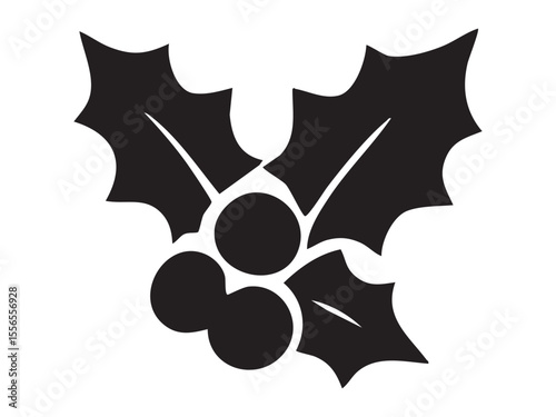 Black silhouette of Christmas holly leaves and berries isolated on white background, graphic illustration. concept of holiday, christmas decor, seasonal ornament, botanical, design element