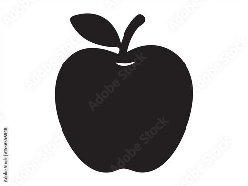 Black silhouette of apple with leaf isolated on white background, graphic illustration. concept of fruit, healthy eating, natural food, icon, logo, design element.