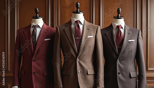 Elegant tailored suits displayed in luxurious interior setting. Fashion design, clothing style, fabric, pattern, craftsmanship, menswear collection. Classic vintage suits on mannequins.