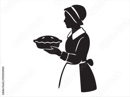 Black silhouette of woman holding pie, isolated on white background, graphic illustration. concept of baking, homemaking, traditional attire, icon, logo, design element