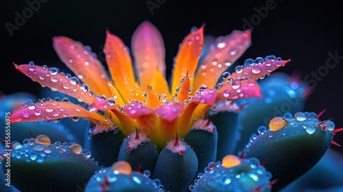 Vibrant cactus spines covered in dew drops in natural setting