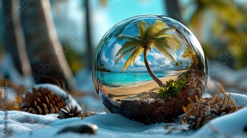 Huge transparent glass ball on the shore of an island in the ocean. Inside the ball is a tropical paradise with palm trees and warm beaches, offering surreal escape from the hustle and bustle of life.