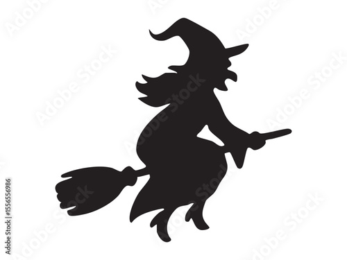Black silhouette of halloween witch on broomstick isolated on white background, graphic illustration. concept of spooky, witchcraft, halloween, symbol, icon, magic, design element