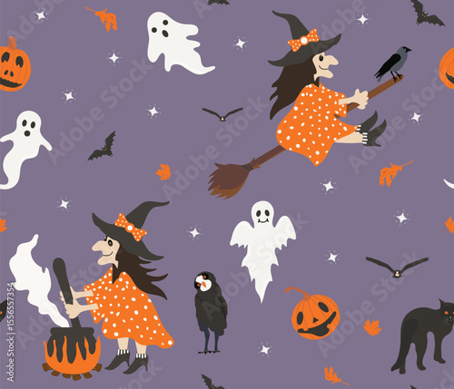 Spooky, retro style halloween seamless pattern with witches, ghosts, curved pumpkins, bats, raven, owl, black cat on light purple background